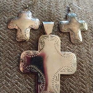 Silver Cross Pendant and Earrings Set Not stamped. 925
